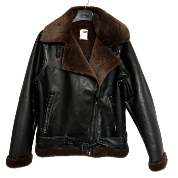 SO Faux Leather and Fur Moto Flight Aviator Bomber Jacket - Picture 3 of 14